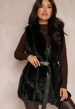 Czarna Kamizelka Futrzana z Wstawkami z Ekoskóry i Kapturem Lemize