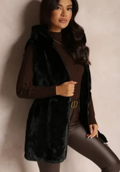 Czarna Kamizelka Futrzana z Wstawkami z Ekoskóry i Kapturem Lemize