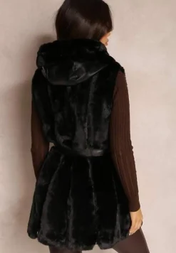 Czarna Kamizelka Futrzana z Wstawkami z Ekoskóry i Kapturem Lemize