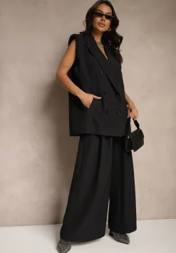 Czarna Kamizelka Garniturowa o Dwurzędowym Kroju z Gąbkami w Ramionach Lanethea