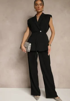 Czarna Kamizelka Garniturowa z Usztywnianymi Ramionami Ozdobiona Wiązaniem Dannelia