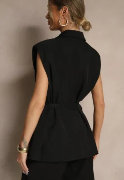 Czarna Kamizelka Garniturowa z Usztywnianymi Ramionami Ozdobiona Wiązaniem Dannelia