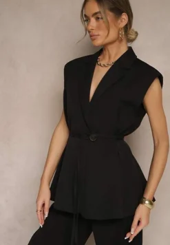 Czarna Kamizelka Garniturowa z Usztywnianymi Ramionami Ozdobiona Wiązaniem Dannelia