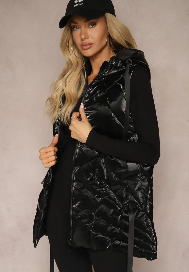 Czarna Kamizelka Metaliczna z Pikowaniem i Kapturem Nerianae