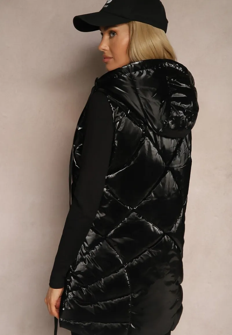 Czarna Kamizelka Metaliczna z Pikowaniem i Kapturem Nerianae
