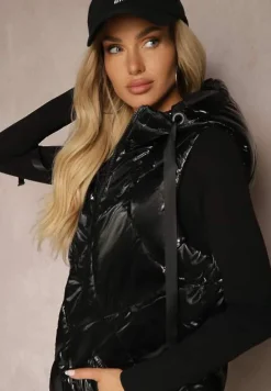 Czarna Kamizelka Metaliczna z Pikowaniem i Kapturem Nerianae