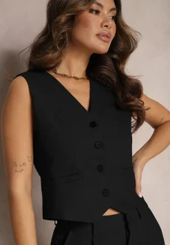 Czarna Kamizelka na Guziki bez Rękawów Ellowen