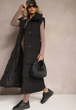 Czarna Kamizelka o Długim Fasonie Wiązanym w Pasie z Kołnierzem Umesine