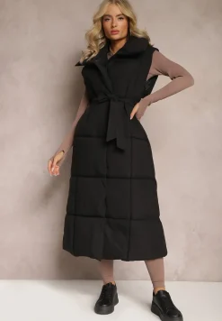 Czarna Kamizelka o Długim Fasonie Wiązanym w Pasie z Kołnierzem Umesine