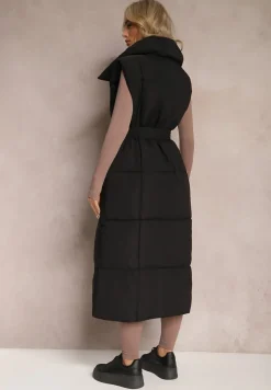 Czarna Kamizelka o Długim Fasonie Wiązanym w Pasie z Kołnierzem Umesine