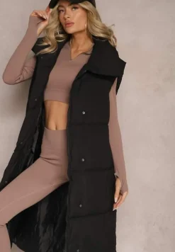 Czarna Kamizelka o Długim Fasonie Wiązanym w Pasie z Kołnierzem Umesine