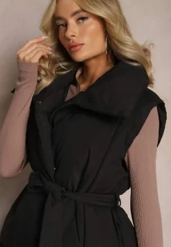 Czarna Kamizelka o Długim Fasonie Wiązanym w Pasie z Kołnierzem Umesine