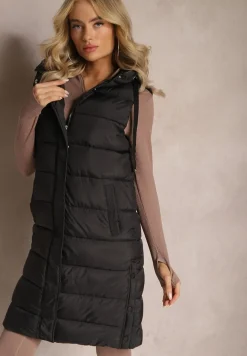 Czarna Kamizelka o Wydłużonym Fasonie z Pikowaniem i Kieszeniami Banuni