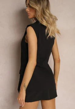 Czarna Kamizelka o Wydłużonym Kroju z Bawełną z Ozdobnymi Kieszeniami i Guzikiem Tiamatrix