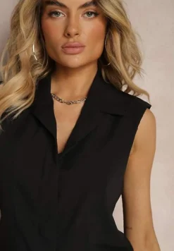 Czarna Kamizelka o Wydłużonym Kroju z Bawełną z Ozdobnymi Kieszeniami i Guzikiem Tiamatrix