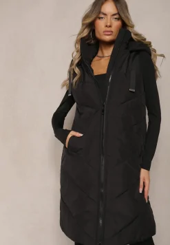 Czarna Kamizelka Ozdobiona Pikowaniem ze Sznurkami i Kapturem Mivirina