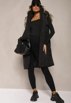 Czarna Kamizelka Ozdobiona Pikowaniem ze Sznurkami i Kapturem Mivirina