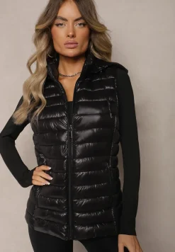 Czarna Kamizelka Ozdobiona Pikowaniem i Kapturem Mivandra