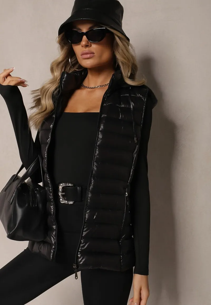 Czarna Kamizelka Ozdobiona Pikowaniem i Kapturem Mivandra