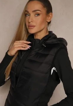 Czarna Kamizelka Ozdobiona Pikowaniem z Odpinanym Kapturem i Ściągaczami Savaluna