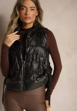 Czarna Kamizelka Pikowana Ozdobiona Troczkami i Stójką Terinora