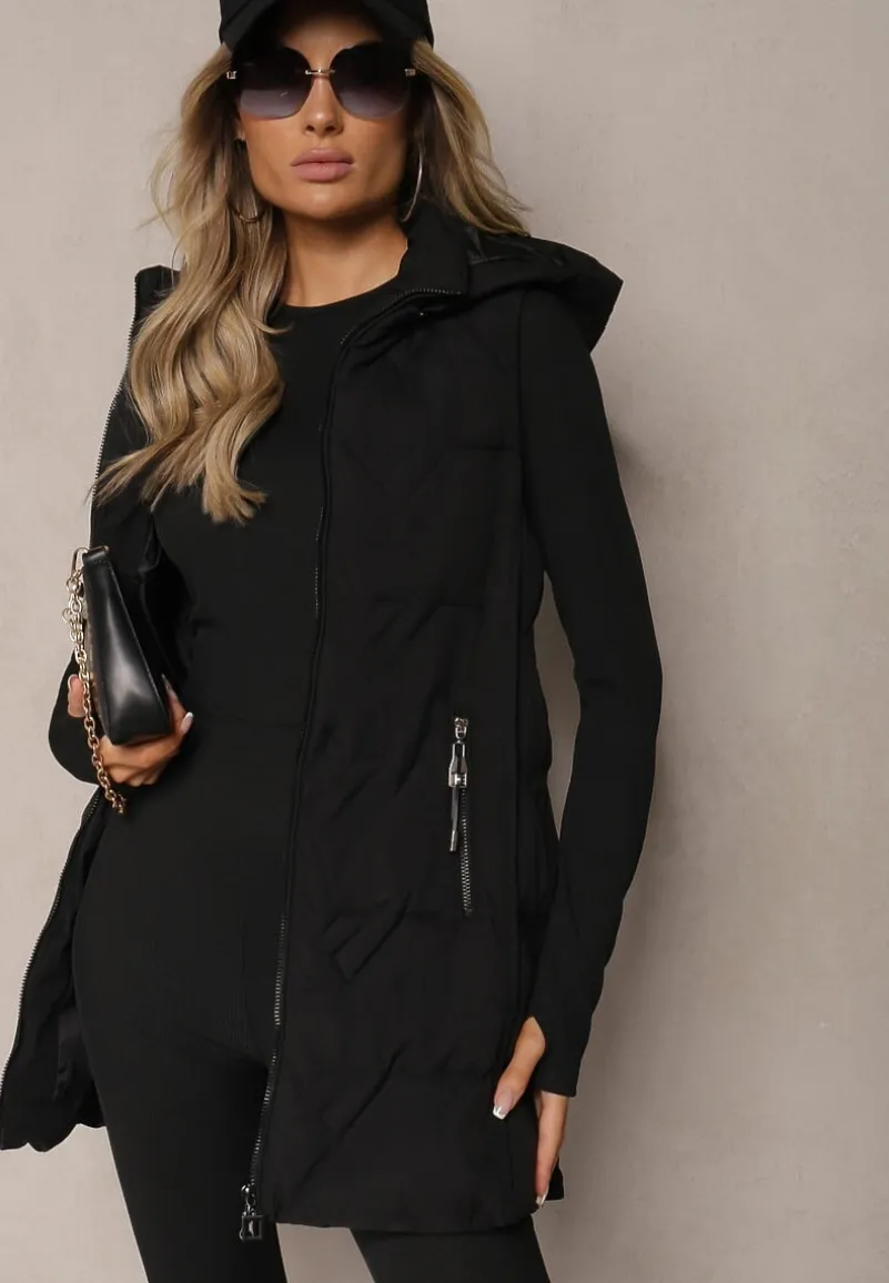 Czarna Kamizelka Pikowana z Odpinanym Kapturem Mavael