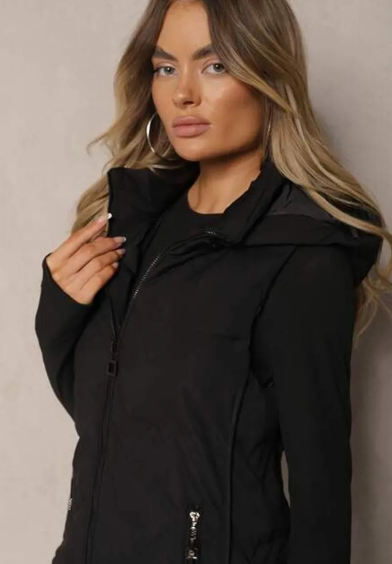 Czarna Kamizelka Pikowana z Odpinanym Kapturem Mavael