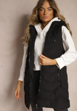 Czarna Kamizelka Pikowana Zapinana na Suwak Ozdobiona Kapturem i Sznurkami Finaria