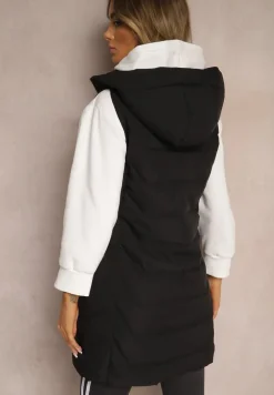 Czarna Kamizelka Pikowana Zapinana na Suwak Ozdobiona Kapturem i Sznurkami Finaria