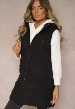 Czarna Kamizelka Pikowana Zapinana na Suwak Ozdobiona Kapturem i Sznurkami Finaria