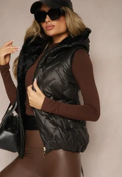 Czarna Kamizelka Pikowana Wykończona Sztucznym Futerkiem Timaveah