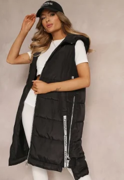 Czarna Kamizelka Pikowana Długa z Kapturem Voko