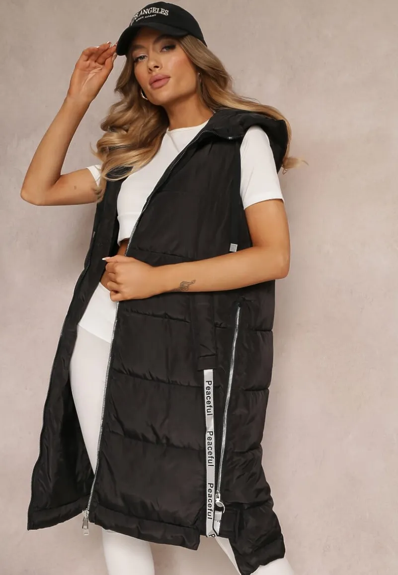 Czarna Kamizelka Pikowana Długa z Kapturem Voko