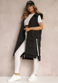 Czarna Kamizelka Pikowana Długa z Kapturem Voko