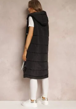 Czarna Kamizelka Pikowana Długa z Kapturem Voko