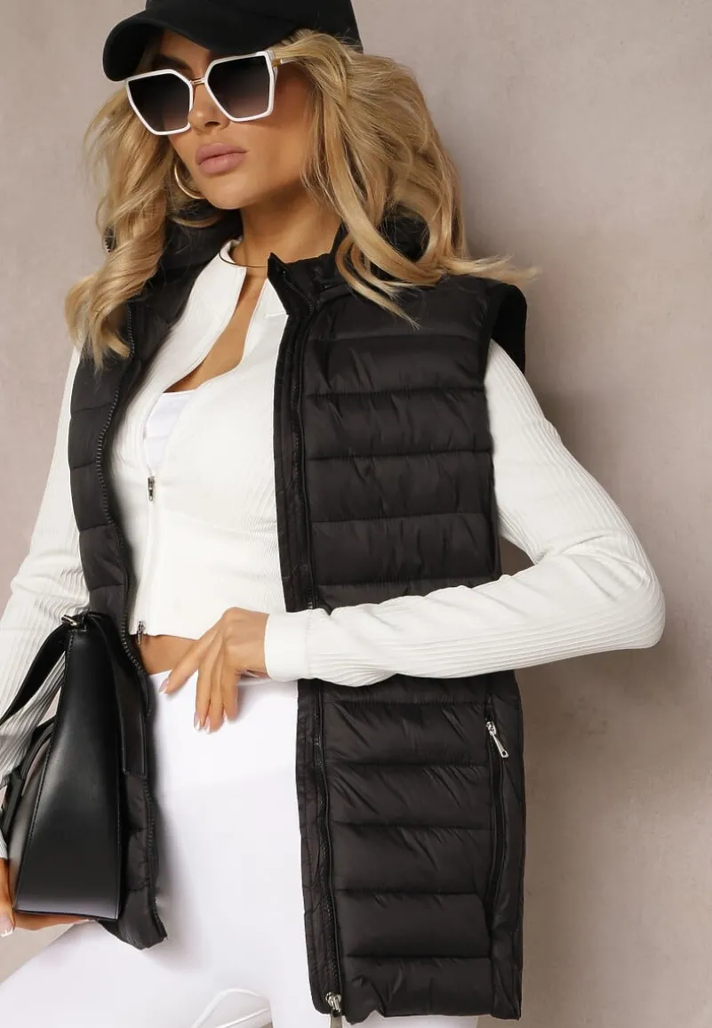 Czarna Kamizelka Pikowana z Kapturem Olava