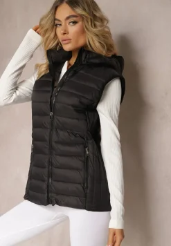 Czarna Kamizelka Pikowana z Kapturem Olava