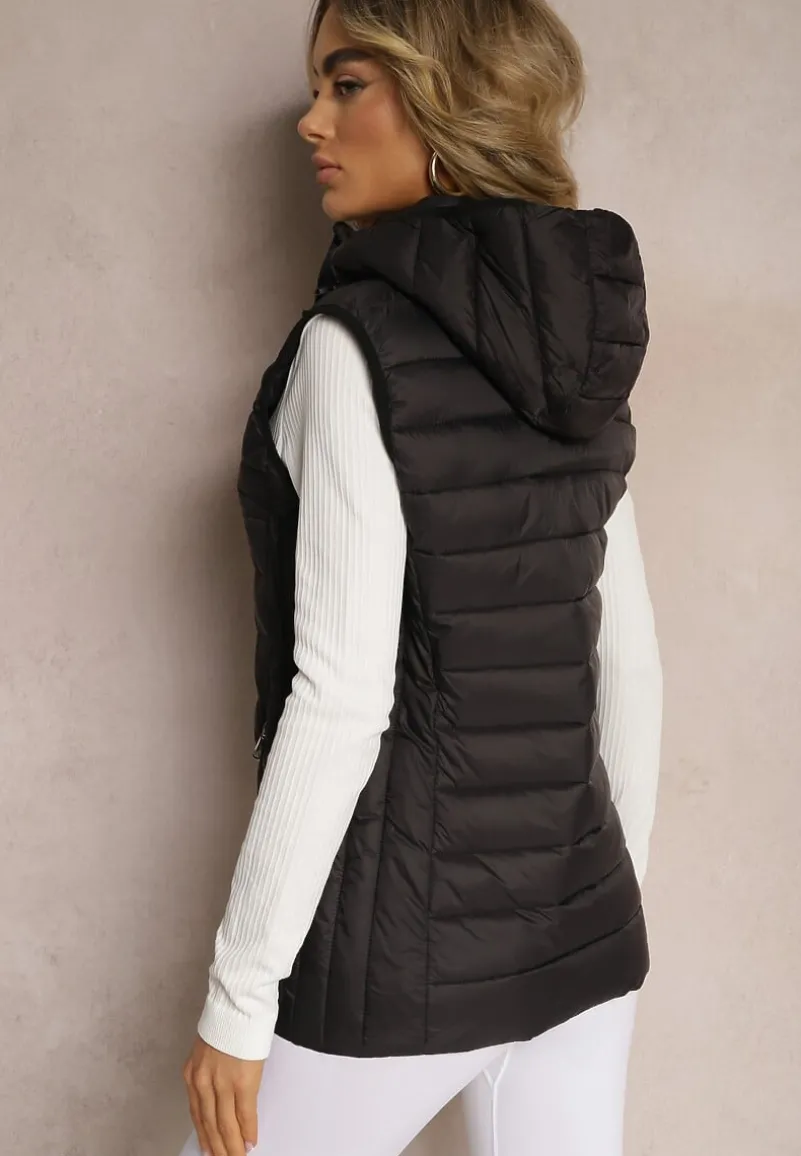 Czarna Kamizelka Pikowana z Kapturem Olava