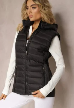 Czarna Kamizelka Pikowana z Kapturem Olava