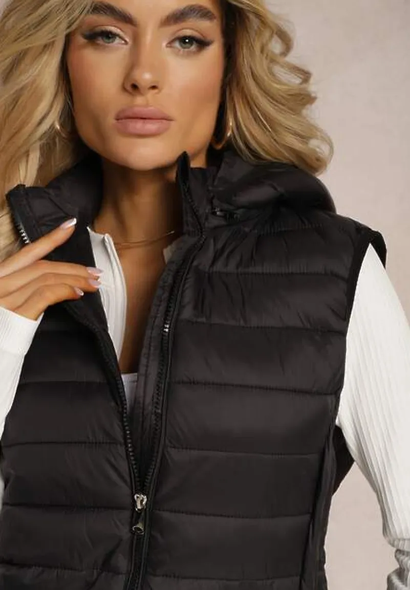 Czarna Kamizelka Pikowana z Kapturem Olava