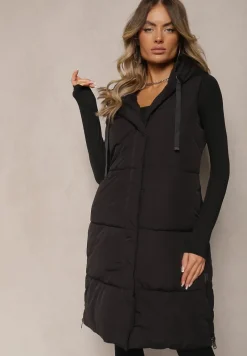 Czarna Kamizelka Pikowana Wykończona Kapturem i Sznurkami Quinaria