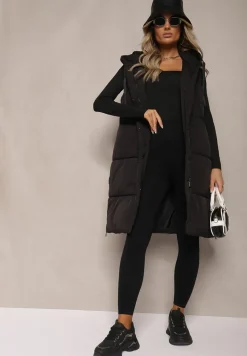 Czarna Kamizelka Pikowana Wykończona Kapturem i Sznurkami Quinaria