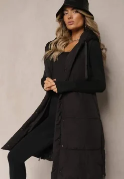 Czarna Kamizelka Pikowana Wykończona Kapturem i Sznurkami Quinaria