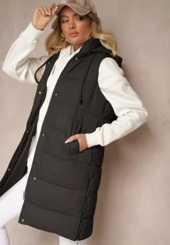 Czarna Kamizelka Pikowana z Kapturem Ozdobiona Sznurkami Eleandra