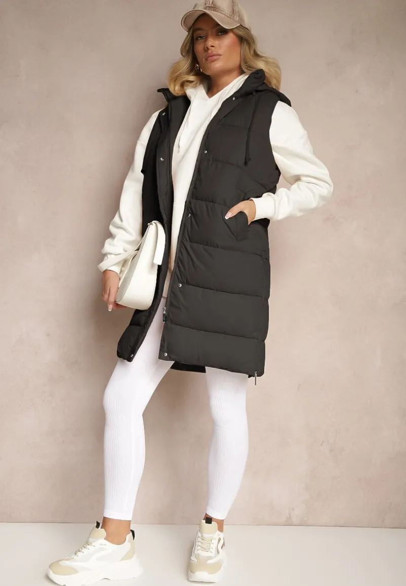 Czarna Kamizelka Pikowana z Kapturem Ozdobiona Sznurkami Eleandra