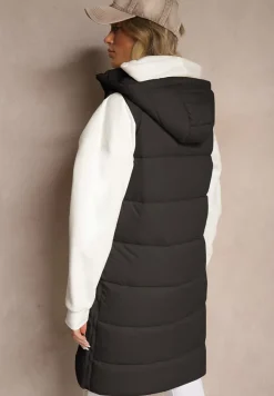 Czarna Kamizelka Pikowana z Kapturem Ozdobiona Sznurkami Eleandra