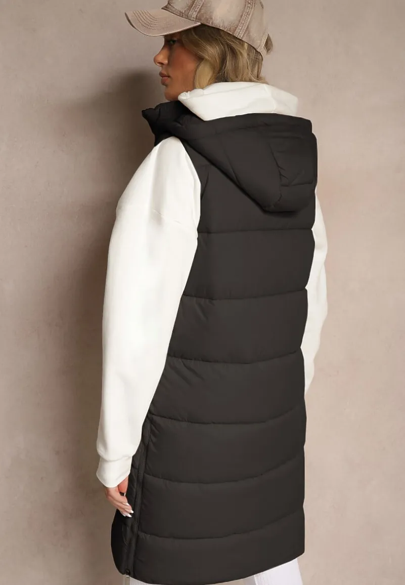 Czarna Kamizelka Pikowana z Kapturem Ozdobiona Sznurkami Eleandra