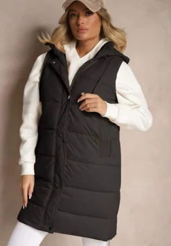 Czarna Kamizelka Pikowana z Kapturem Ozdobiona Sznurkami Eleandra