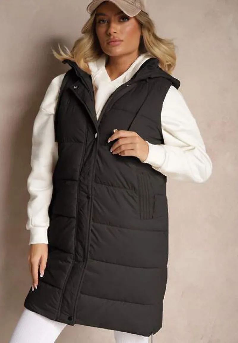 Czarna Kamizelka Pikowana z Kapturem Ozdobiona Sznurkami Eleandra