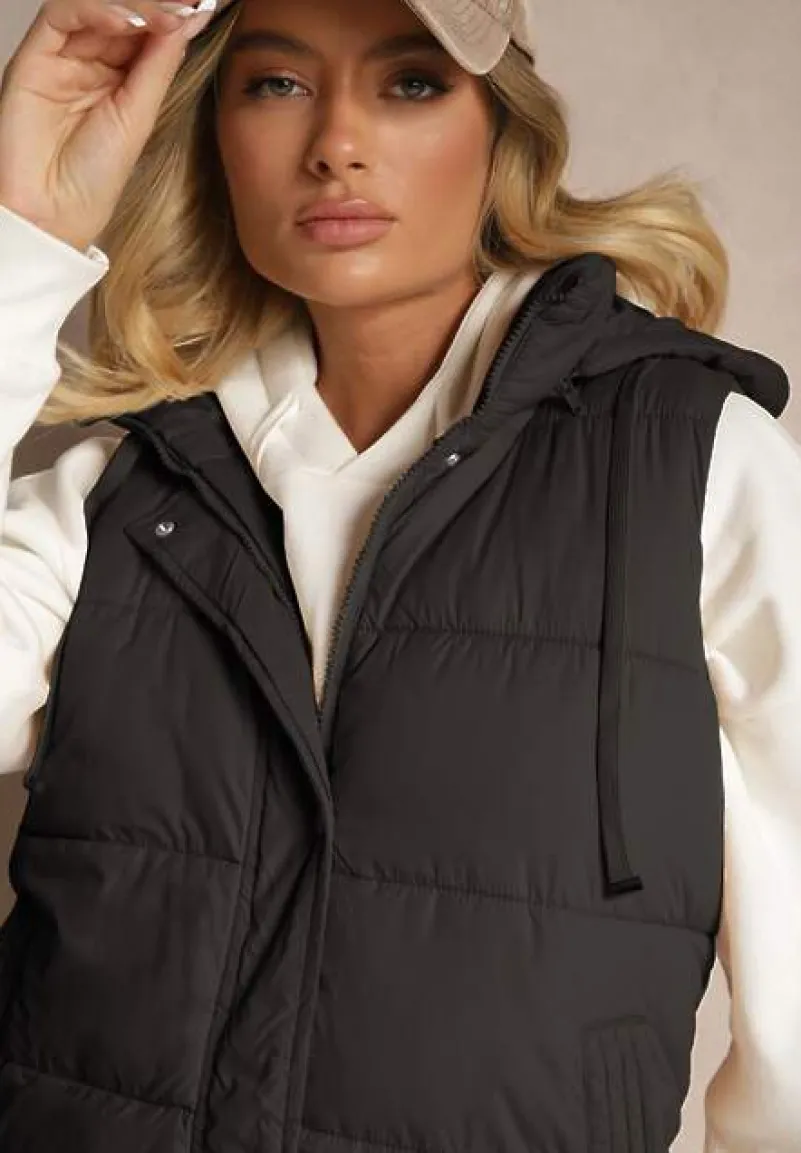 Czarna Kamizelka Pikowana z Kapturem Ozdobiona Sznurkami Eleandra